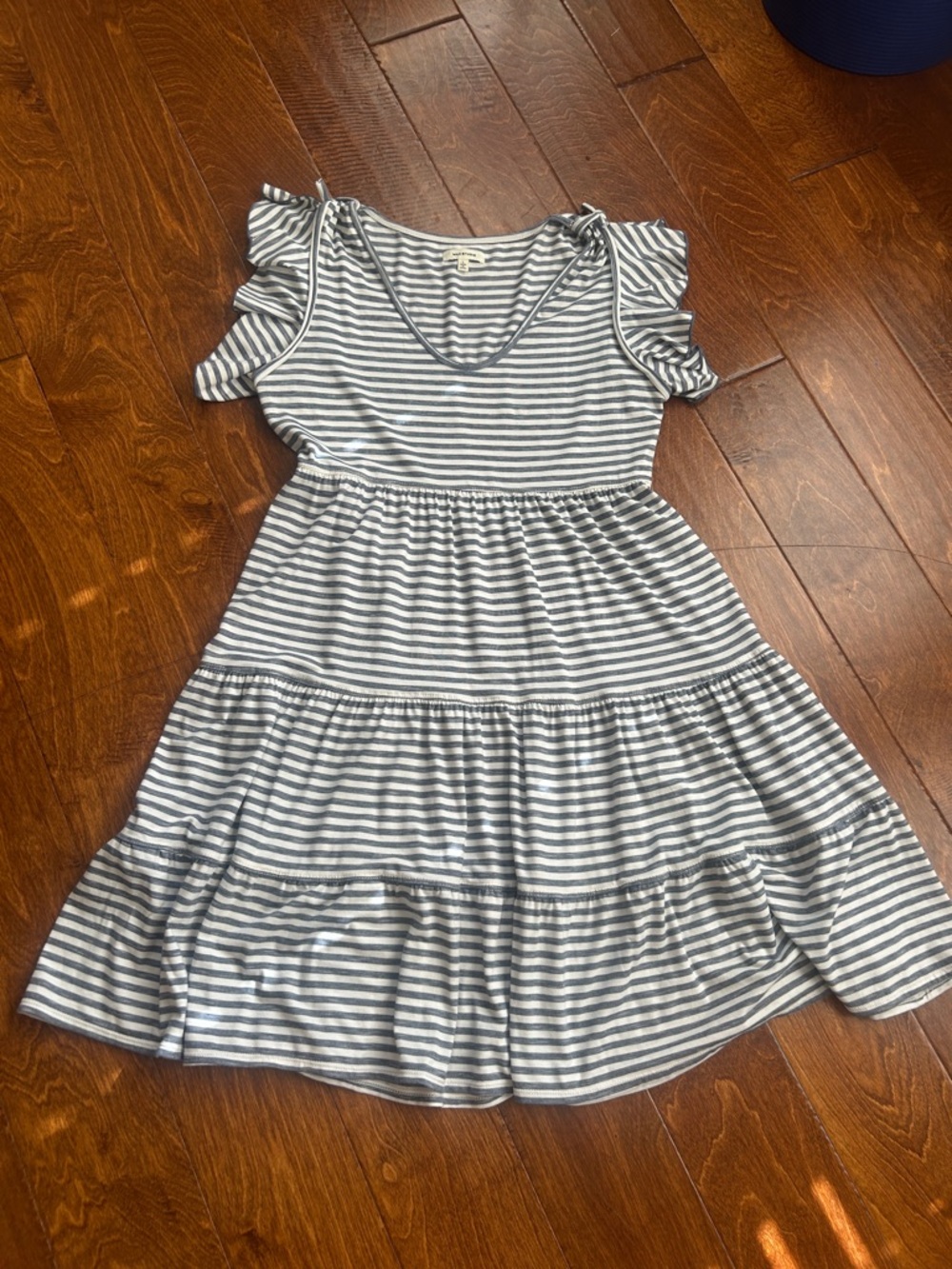 Max Studio Blue & White Striped Cold-Shoulder Tiered Dress